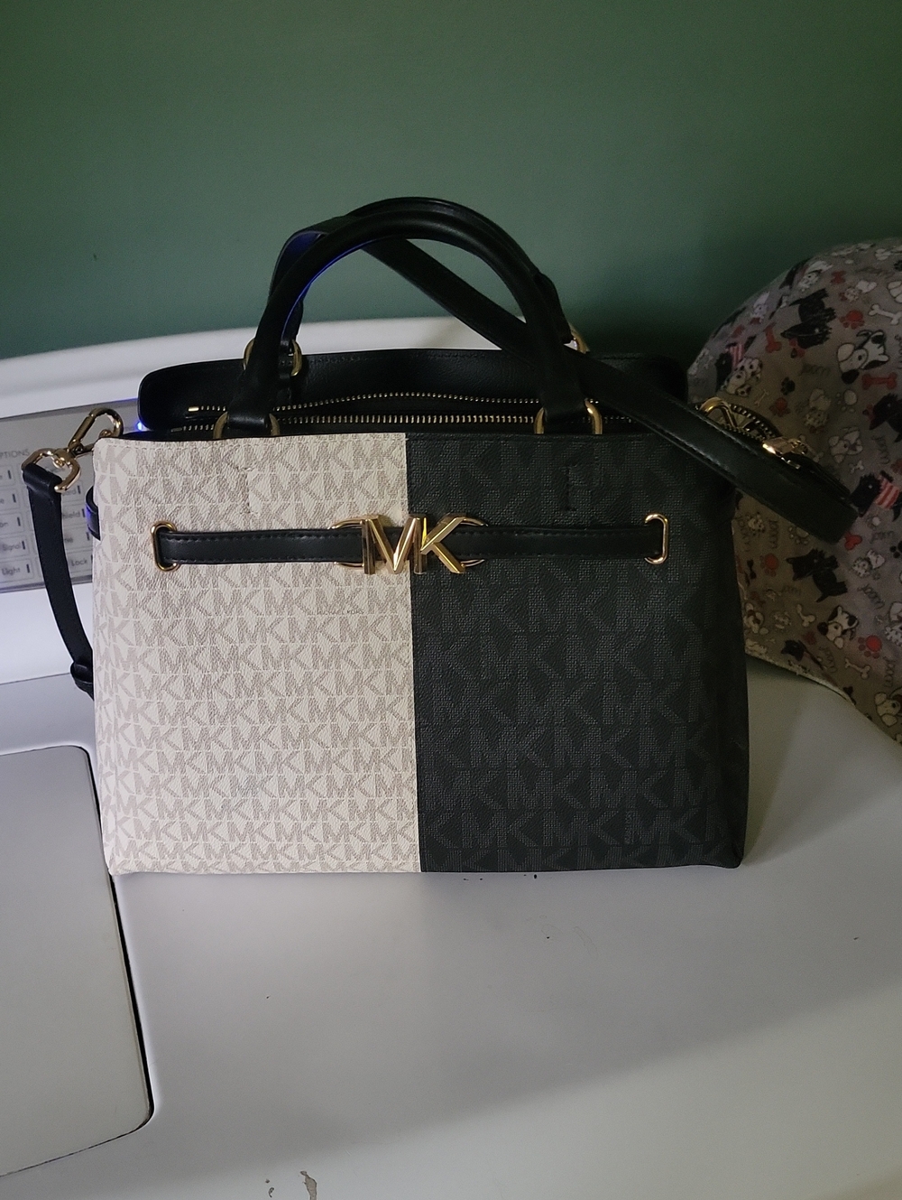 Michael Kors Two-Tone MK Signature Satchel — Black & Cream